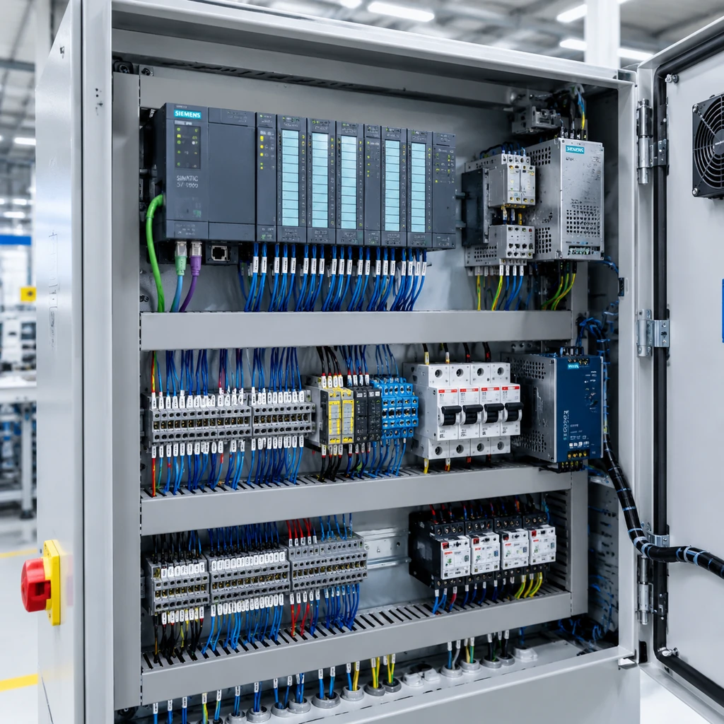 تابلو برق صنعتی و تجهیزات اتوماسیون شامل PLC و قطعات کنترل برای سیستمهای صنعتی